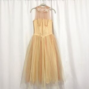 Vintage 1950s Sylvia Ann Bridal Fit & Flare Pale Yellow and Peach Tulle Dress